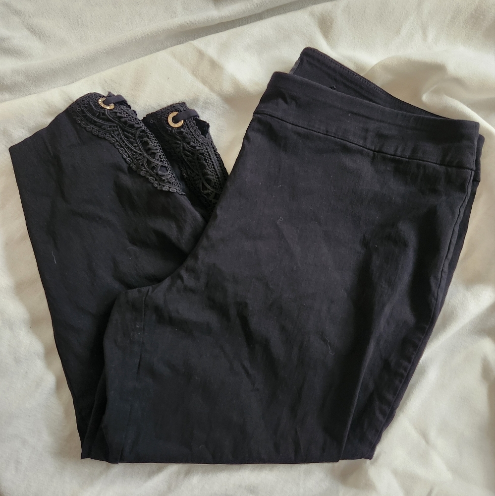 JM Collection Cropped Pants XL Black Lace Hem Pull-On Stretch Ankle Slacks